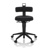 Schwarzer Drehhocker TOP WORK FLEX mit Rückenlehne, Griff und Fußkreuz mit fünf Rollen von hjh OFFICE – 360-Grad-Ansicht (Frontansicht 0°)