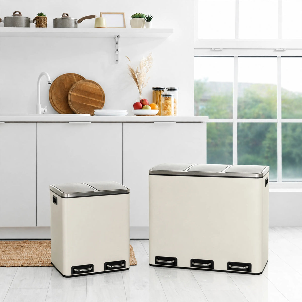 Twee beige Clean 9 prullenbakken met zilverkleurige deksels en handvatten in een lichte keuken van hjh OFFICE