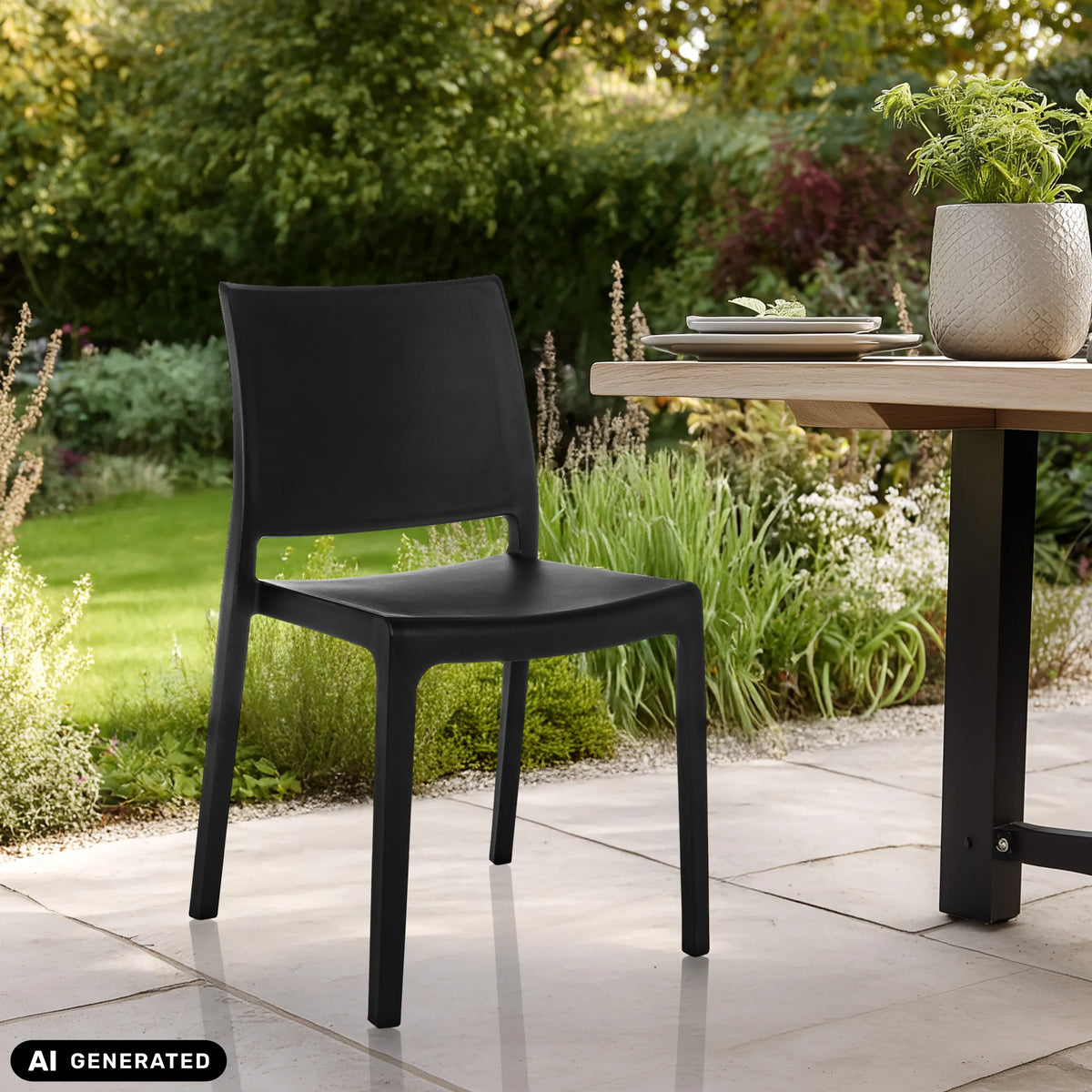 Zwarte T37 V outdoor stoel met glad oppervlak op een licht terras in de tuin van hjh LIVING (AI-gegenereerde afbeelding)