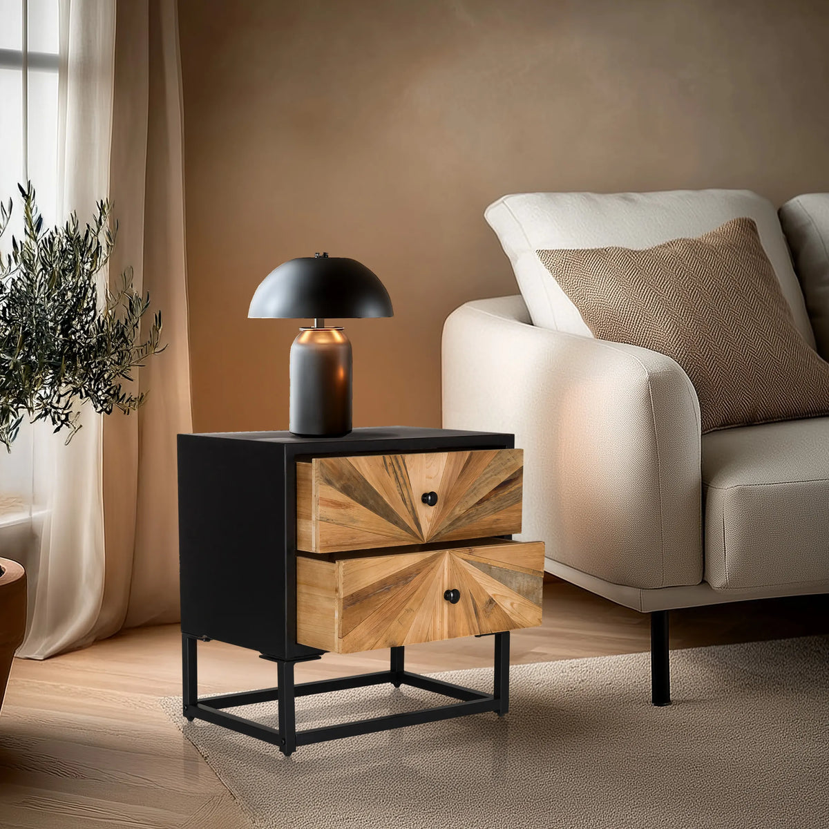 Dressoir SANTJAGO BLACK SUN S in zwart met twee houtkleurige laden en een metalen onderstel van hjh LIVING