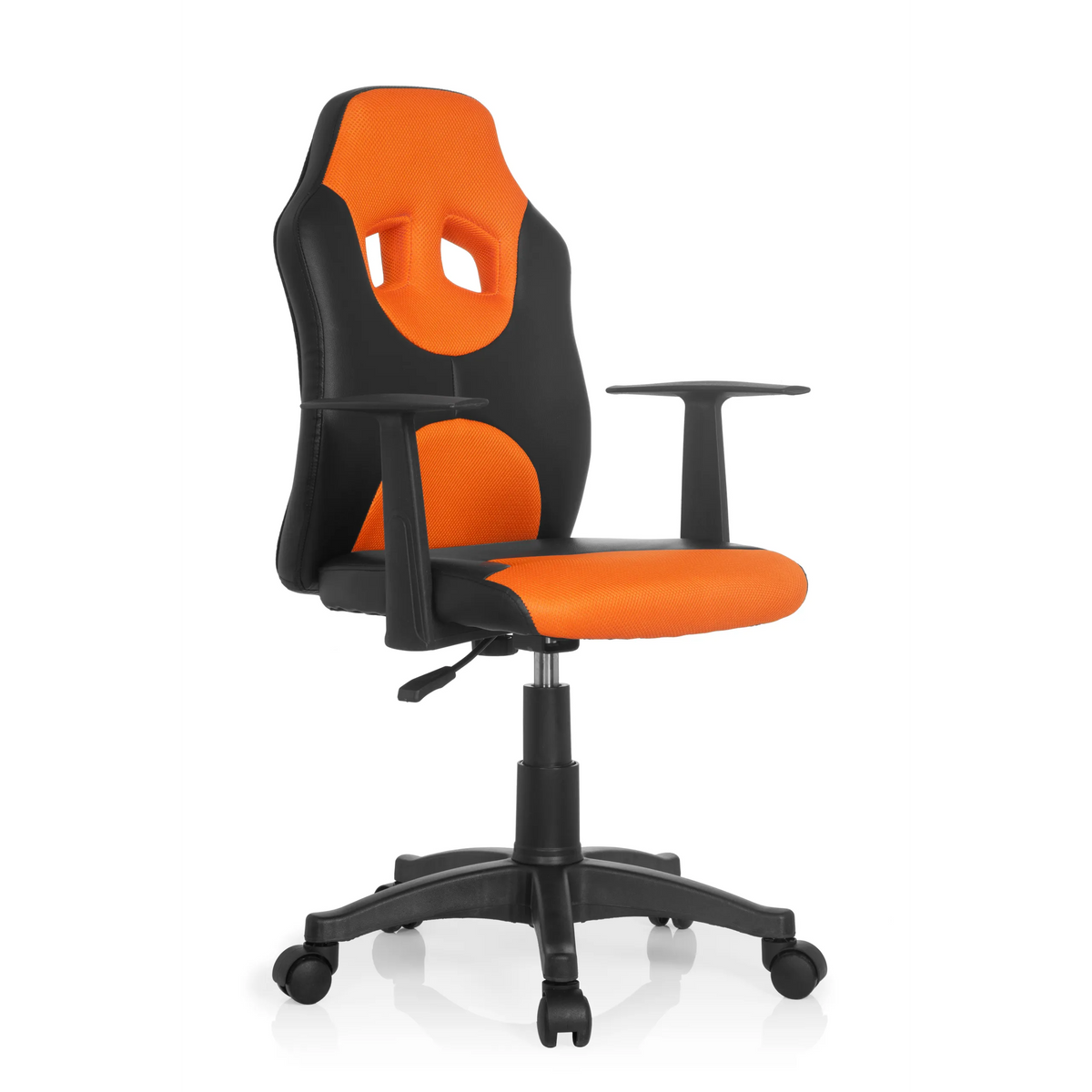 Zwart-oranje Kinder bureaustoel KID GAME AL met netrugleuning en vijfpoot met wieltjes van hjh OFFICE – 360-gradenweergave (schuin vooraanzicht 40°)