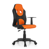 Zwart-oranje Kinder bureaustoel KID GAME AL met netrugleuning en vijfpoot met wieltjes van hjh OFFICE – 360-gradenweergave (schuin vooraanzicht 40°)