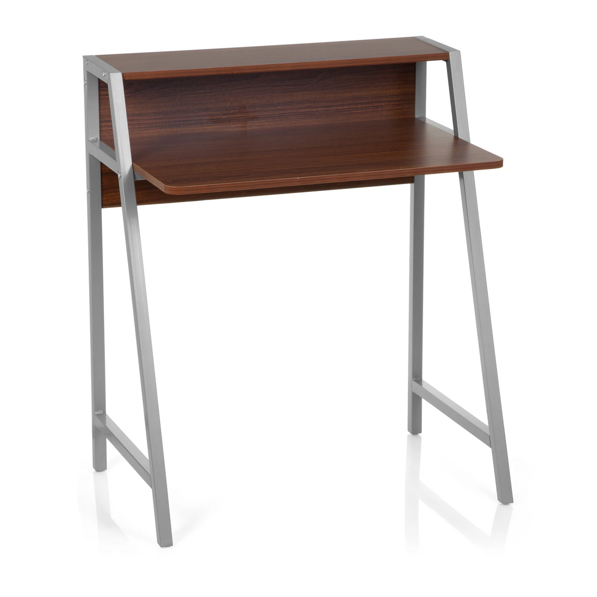 Walnootkleurig Bureau DUMONT met zilverkleurig onderstel en opzetstuk van hjh OFFICE – 360-gradenweergave (vooraanzicht 20°)