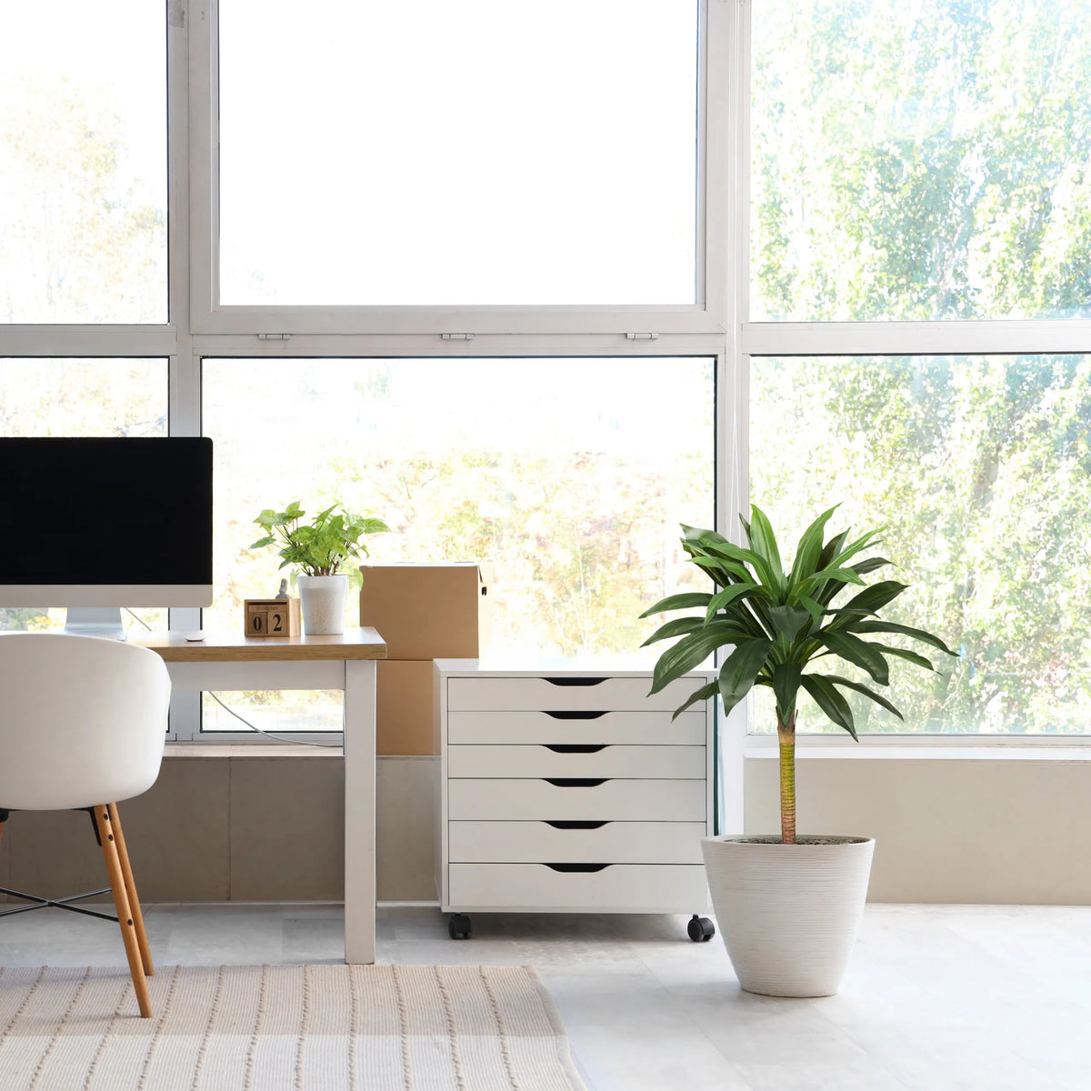 Kunstplant DRACAENA I in het groen met een witte overpot in een lichte kamer van hjh OFFICE