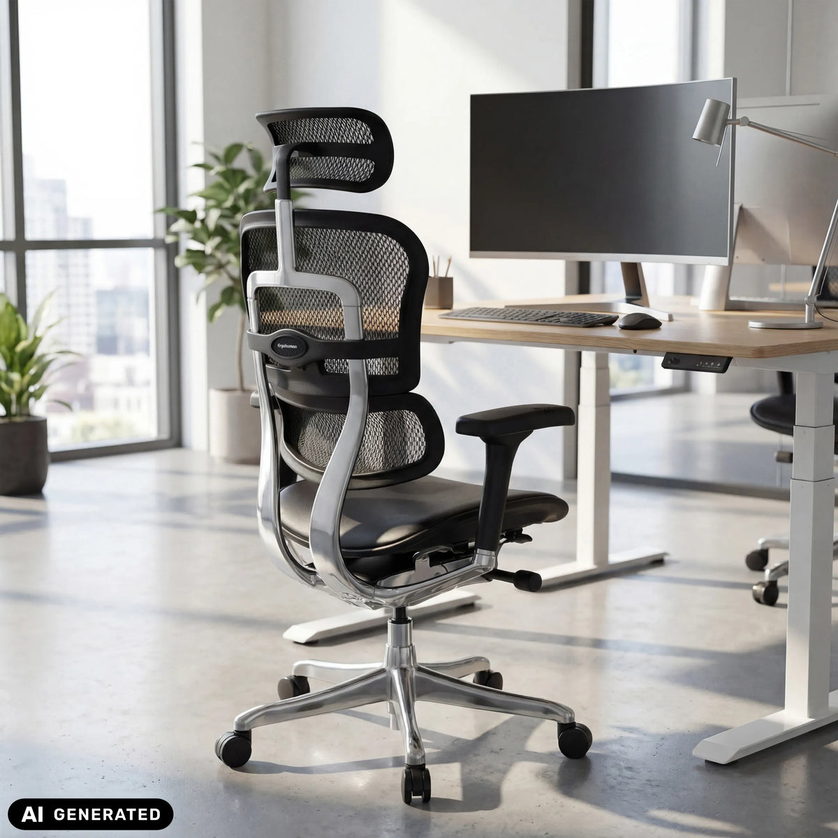 Luxe directiestoel ERGOHUMAN GEN2 met netrugleuning en lederen bekleding in zwart van hjh OFFICE (AI-gegenereerde afbeelding)