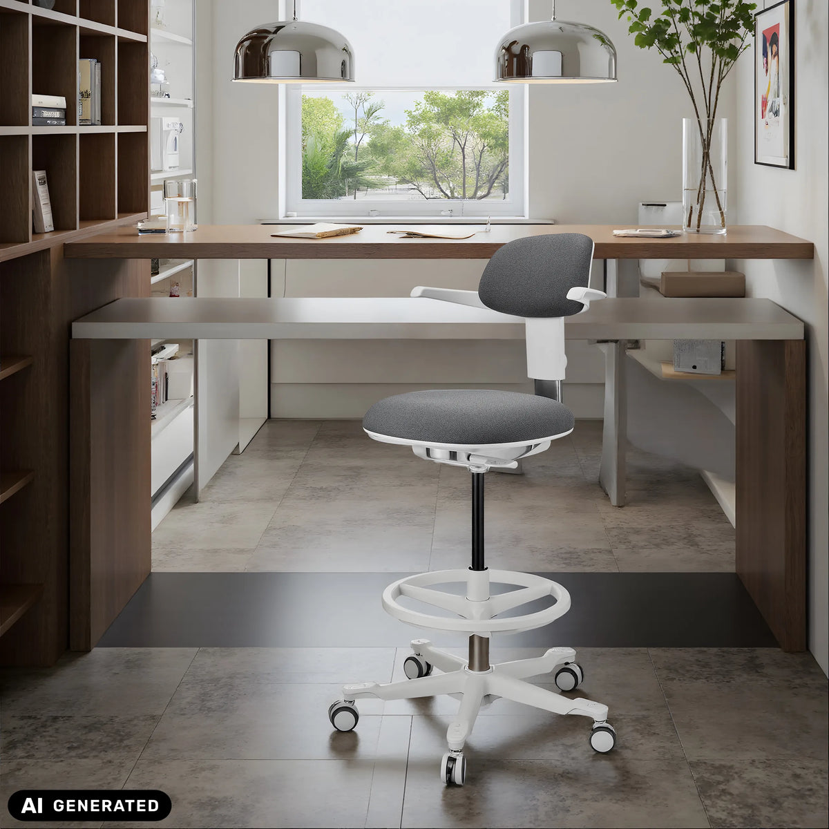 Werkstoel TOP WORK 40 W in donkergrijs met wit kruisvoet en voetring van hjh OFFICE (AI-gegenereerde afbeelding)