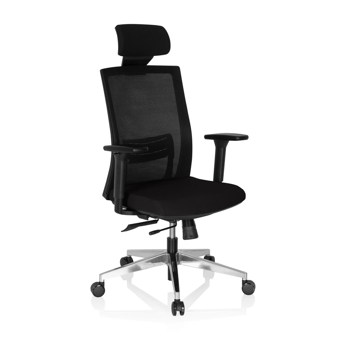 Zwarte Professionele directiestoel CAPTIVA met netrug, hoofdsteun en vijfpoot met wielen van hjh OFFICE – 360-gradenweergave (schuin vooraanzicht 40°)