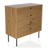 Eikenkleurige commode LINNO K met geribbelde fronten en vier zwarte poten van hjh LIVING – 360-gradenweergave (schuin vooraanzicht 30°)