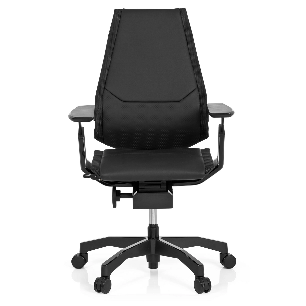 Zwarte High end bureaustoel GENIDIA BLACK van leder met armleuningen en vijfstervoet met wielen van hjh OFFICE – 360-gradenweergave (vooraanzicht 0°)