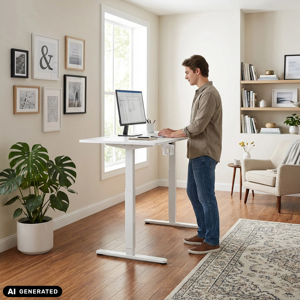 Elektrisch in hoogte verstelbaar bureau Worktime in het wit van hjh OFFICE (AI-gegenereerde afbeelding)