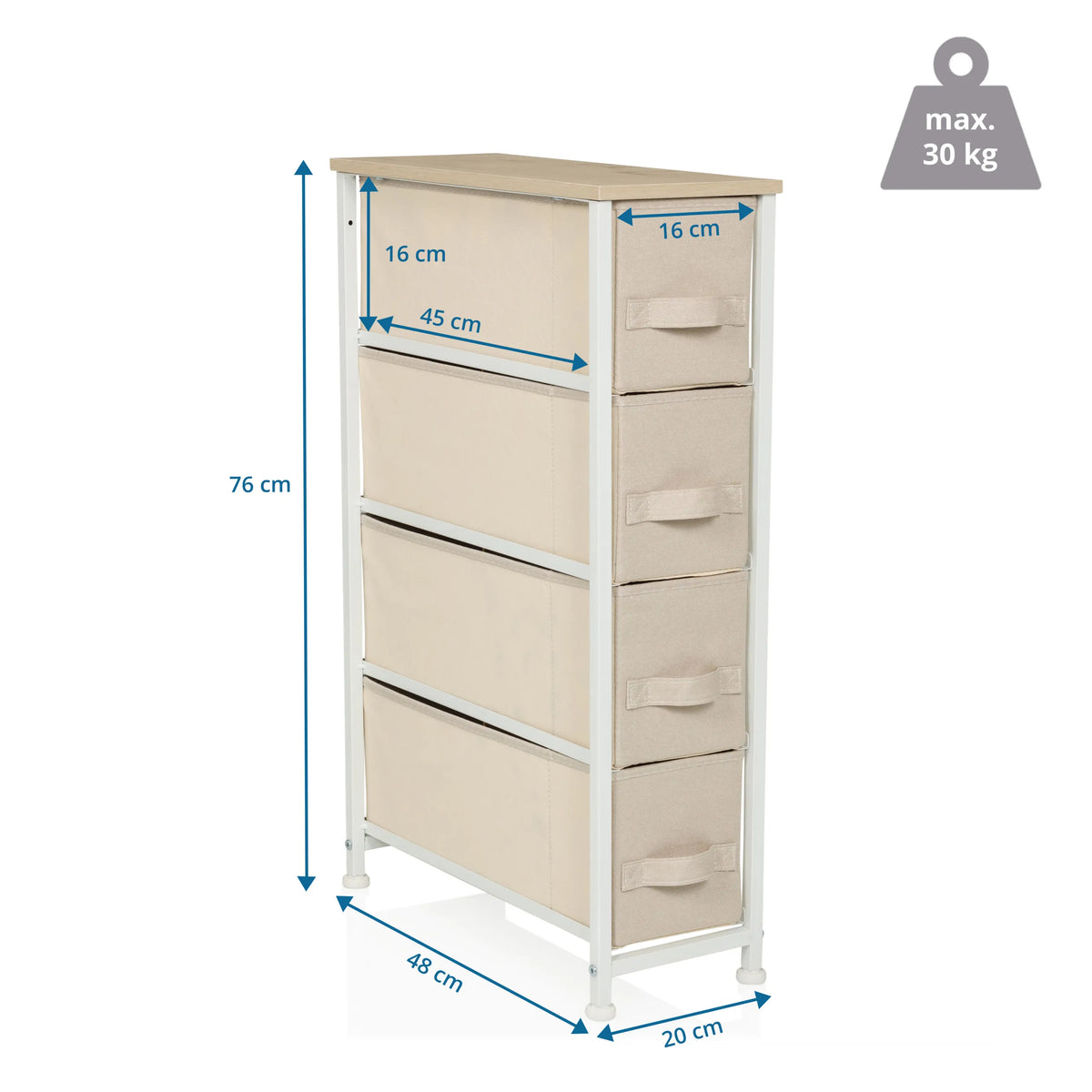 Maattekening van de Commode FOLDRESS S met 76 × 48 cm en vier lades van hjh LIVING