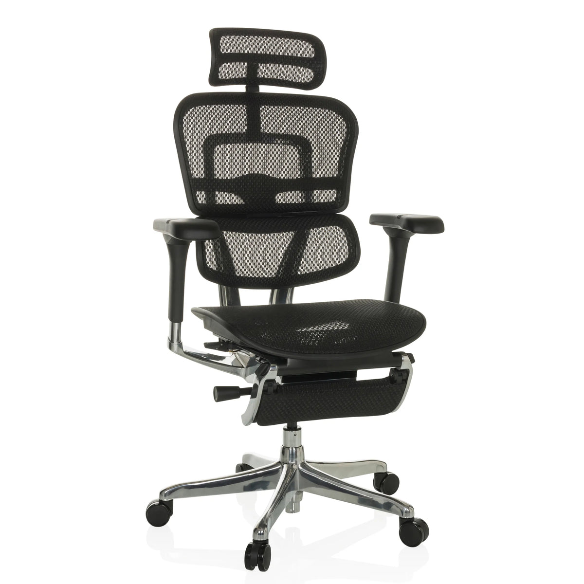 Zwarte Luxe directiestoel ERGOHUMAN PLUS LEGPRO GEN2 met netbespanning en vijfster-onderstel van hjh OFFICE – 360-gradenweergave (vooraanzicht 15°)