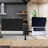 Zwarte VM-MH2 monitorsteun met een monitor en een laptop op een houten tafel van hjh OFFICE (AI-gegenereerde afbeelding)