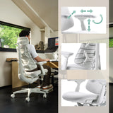 Witte High end bureaustoel LiberNovo Omni Gen met detailopnamen van de verstelbare armleuningen en rugleuning van Libernovo
