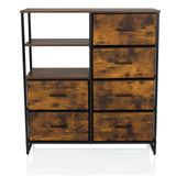Commode RAGALA in gerookt eiken met zwarte metalen accenten, twee legplanken en zes laden van hjh LIVING – 360-gradenweergave (vooraanzicht 0°)