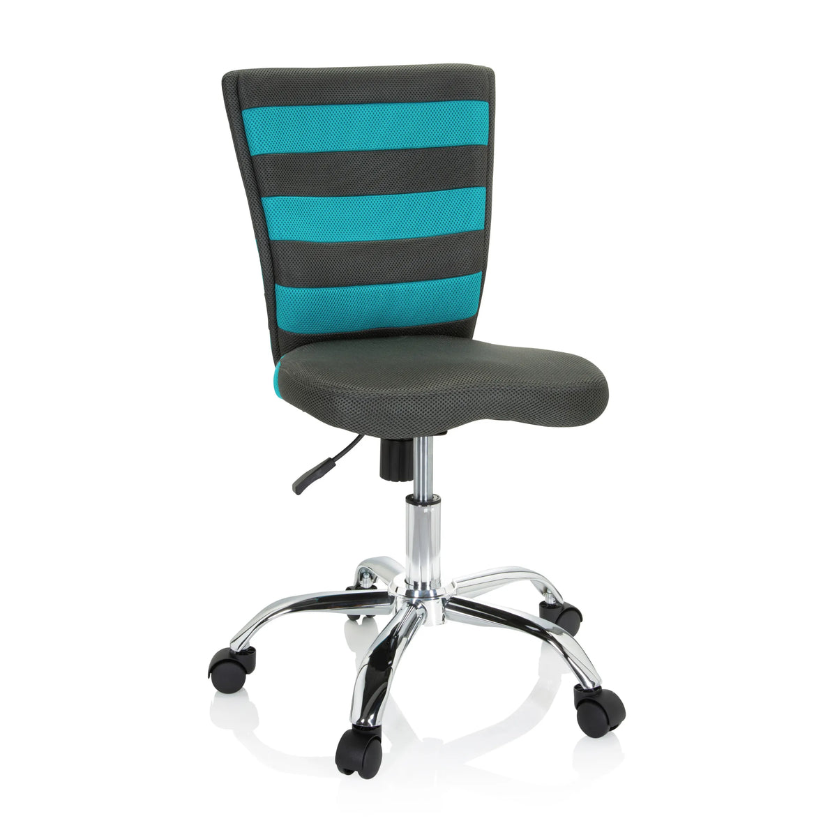 Grijze KIDDY COMFORT I kinder bureaustoel met turquoise strepen in de netrugleuning en een vijfsterrenvoet met wieltjes van hjh OFFICE – 360-gradenweergave (vooraanzicht 20°)