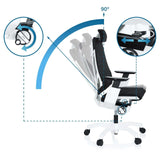 Verstelbare rugleuning met een helling tot 90 graden van de High end bureaustoel GENIDIA PRO WHITE van hjh OFFICE