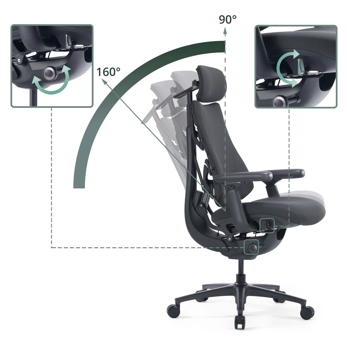 Verstelbare kantelhoek van 90 tot 160 graden van de High end bureaustoel LiberNovo Omni Pro van Libernovo