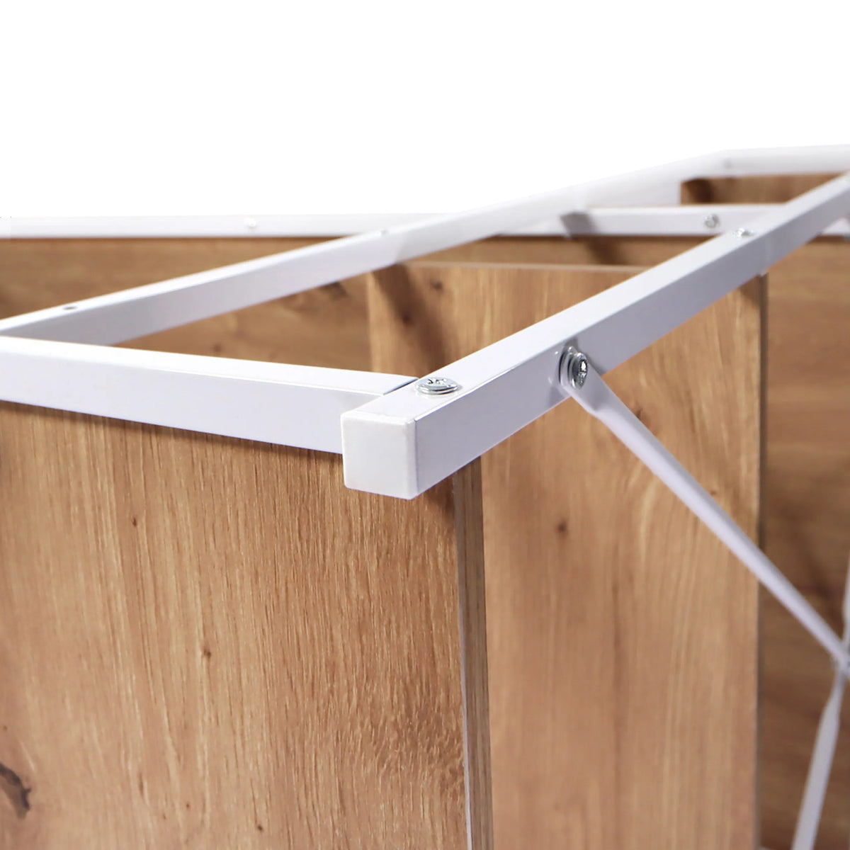 Verbinding van wit metalen frame en eikenhouten blad van het Easy Up3 bureau van hjh LIVING