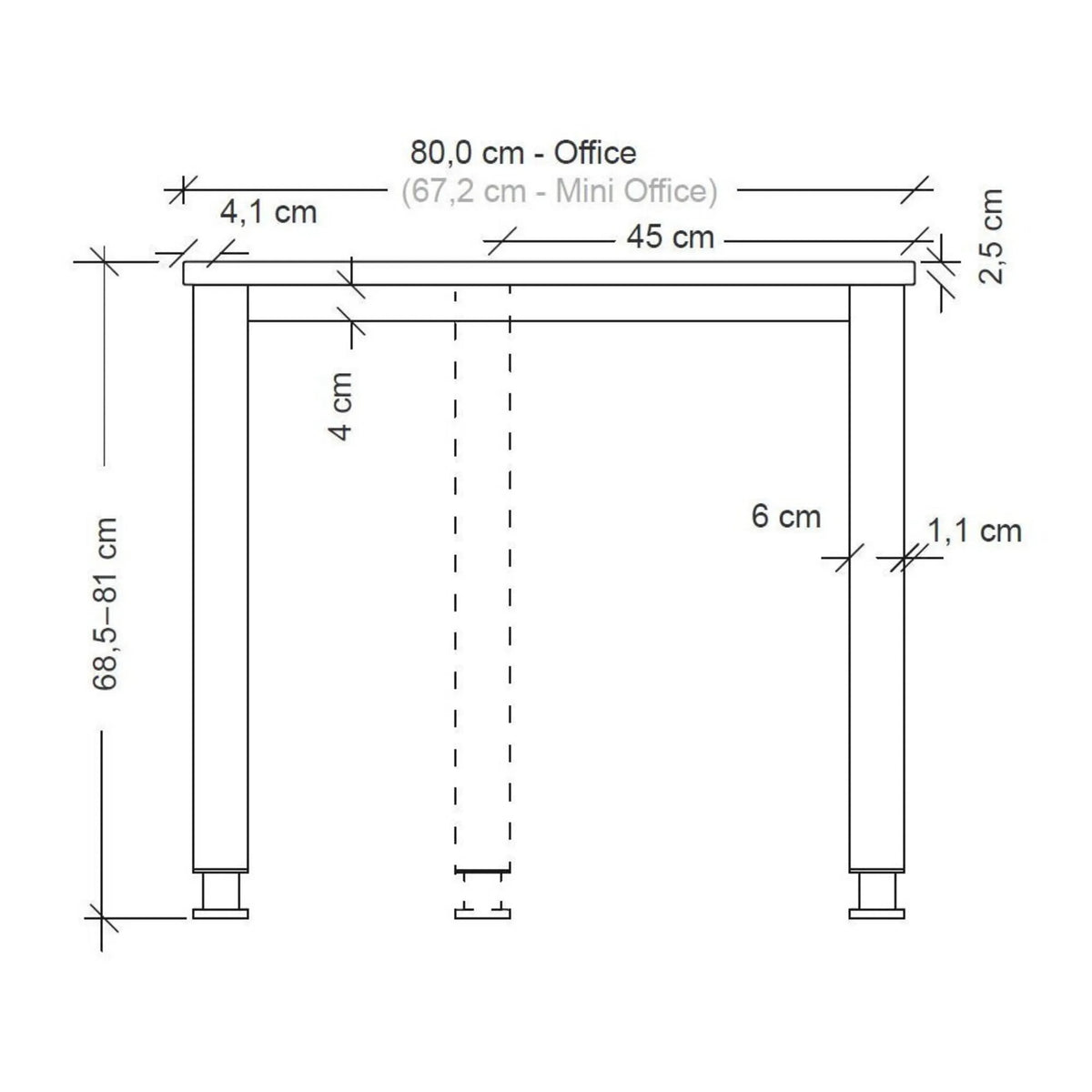 Maßzeichnung des Schreibtisches HILO 19 S der Serie HILO mit einer Breite von 80,0 cm von hjh OFFICE PRO