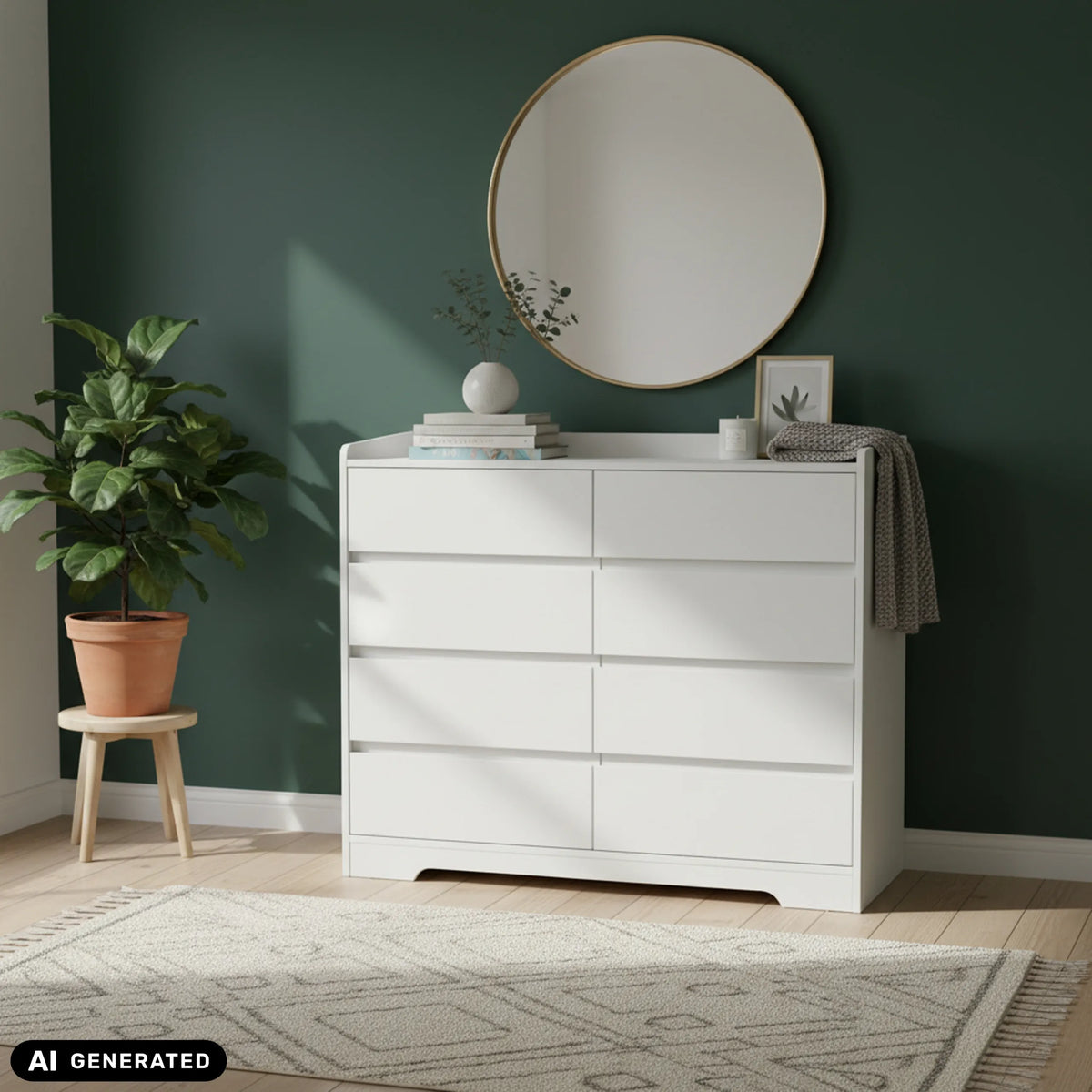 Witte commode OSOYRO met acht lades voor een groene muur van hjh LIVING (AI-gegenereerde afbeelding)