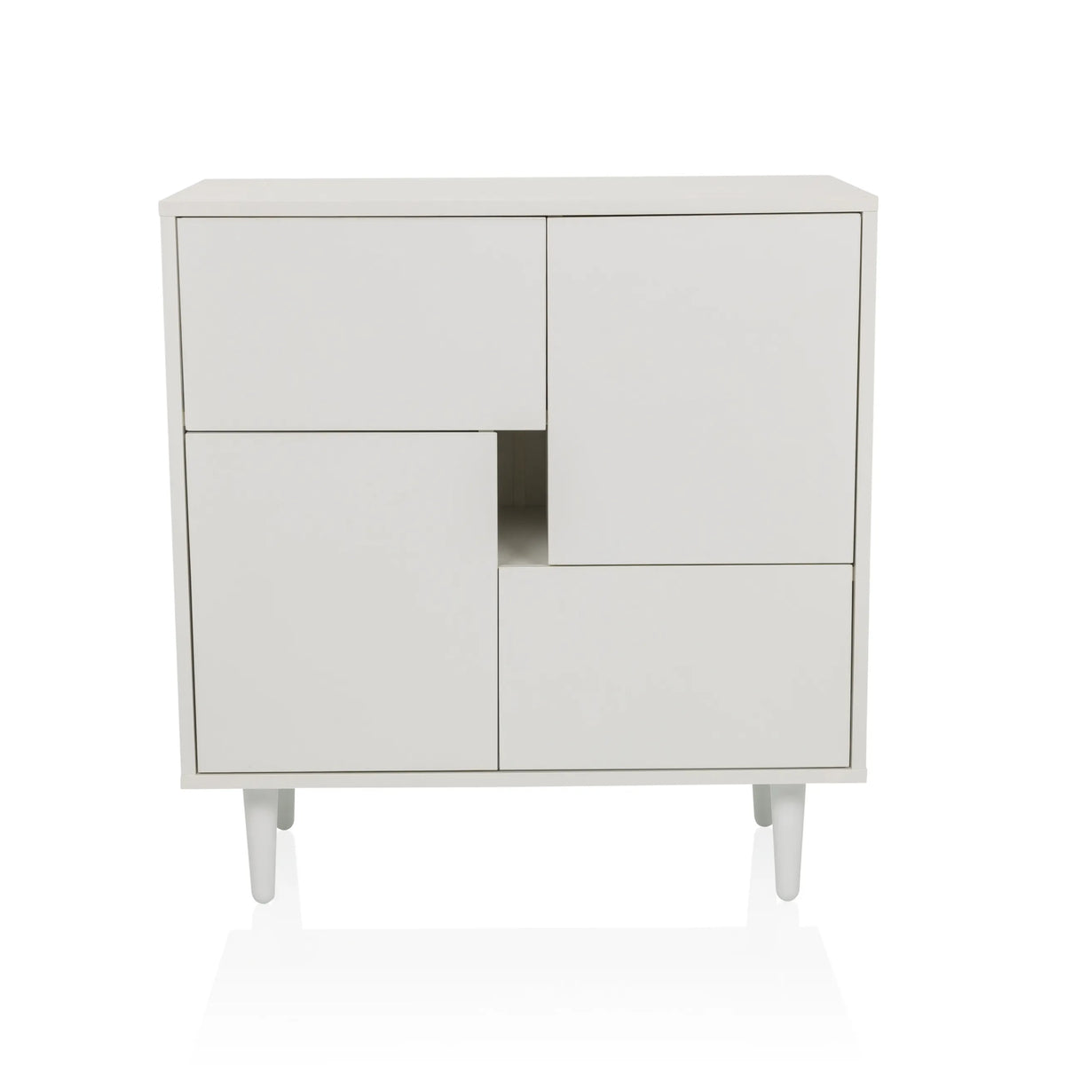 Witte Commode LYKKJA met asymmetrische frontverdeling en vier poten van hjh LIVING – 360-gradenweergave (vooraanzicht 0°)