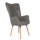 Grijze Gestoffeerde fauteuil HAVENIO I met knoopdetails, armleuningen en vier houten poten van hjh LIVING – 360-gradenweergave (schuin vooraanzicht 45°)