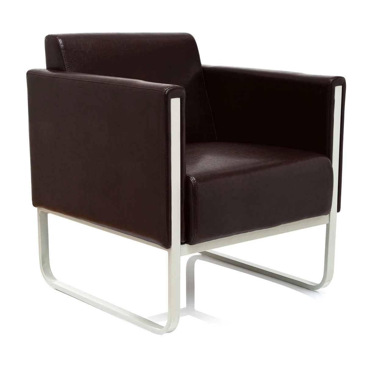 Bruine gestoffeerde fauteuil ARUBA met wit metalen frame van hjh OFFICE – 360-gradenweergave (schuin vooraanzicht 40°)