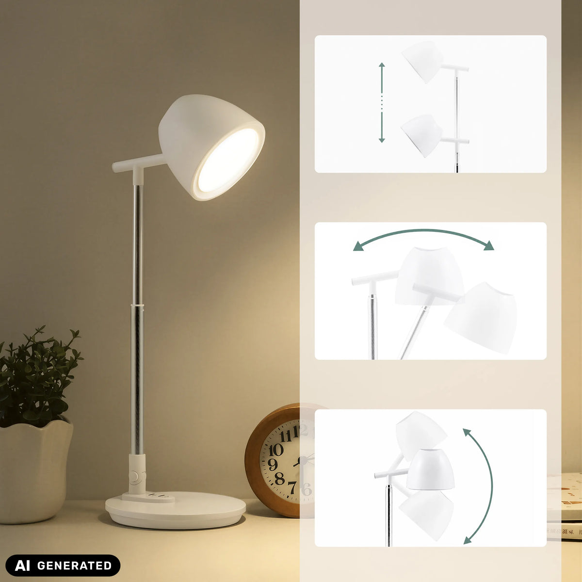 Hoogte- en kantelverstelling van de Lumanova D3 bureaulamp in wit van hjh OFFICE (AI-gegenereerde afbeelding)