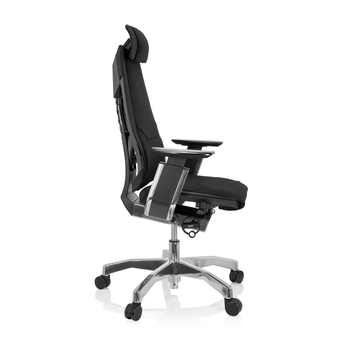 Zwarte High end bureaustoel GENIDIA PRO met stoffen bekleding en vijfpoot met wieltjes van hjh OFFICE – 360-gradenweergave (zijaanzicht 80°)