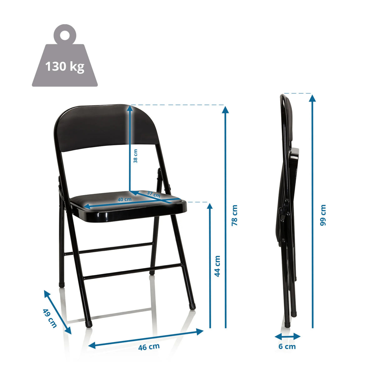 Maattekening van de Klapstoel TUDELA met een totale hoogte van 78 cm en een draagvermogen van 130 kg van hjh OFFICE