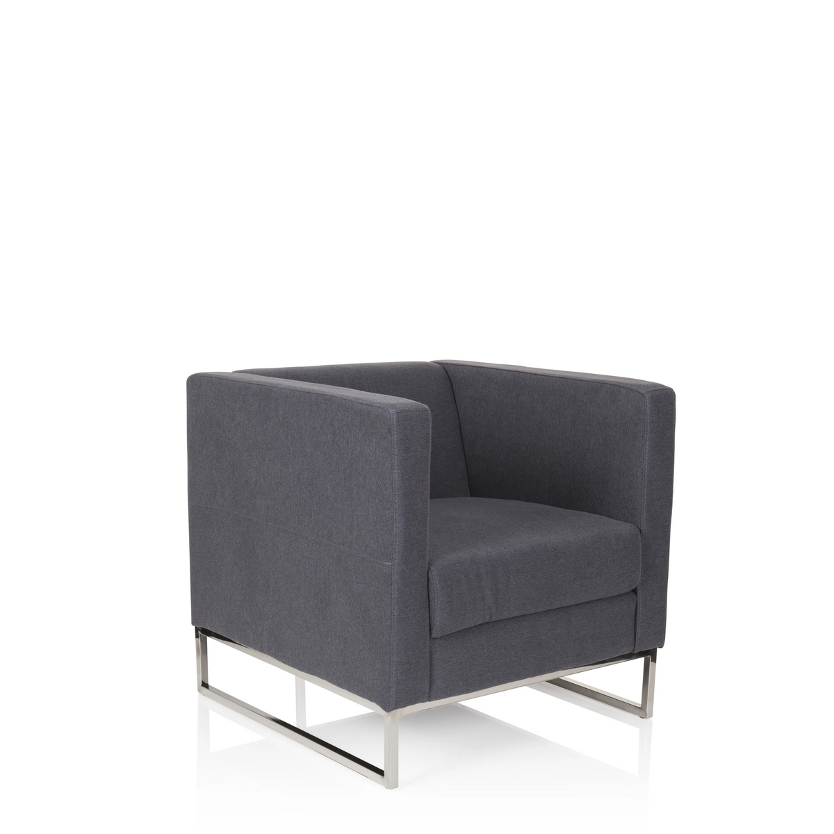 Donkergrijze Gestoffeerde fauteuil BARBADOS met vierkant design en metalen frame van hjh OFFICE – 360-gradenweergave (schuin vooraanzicht 40°)