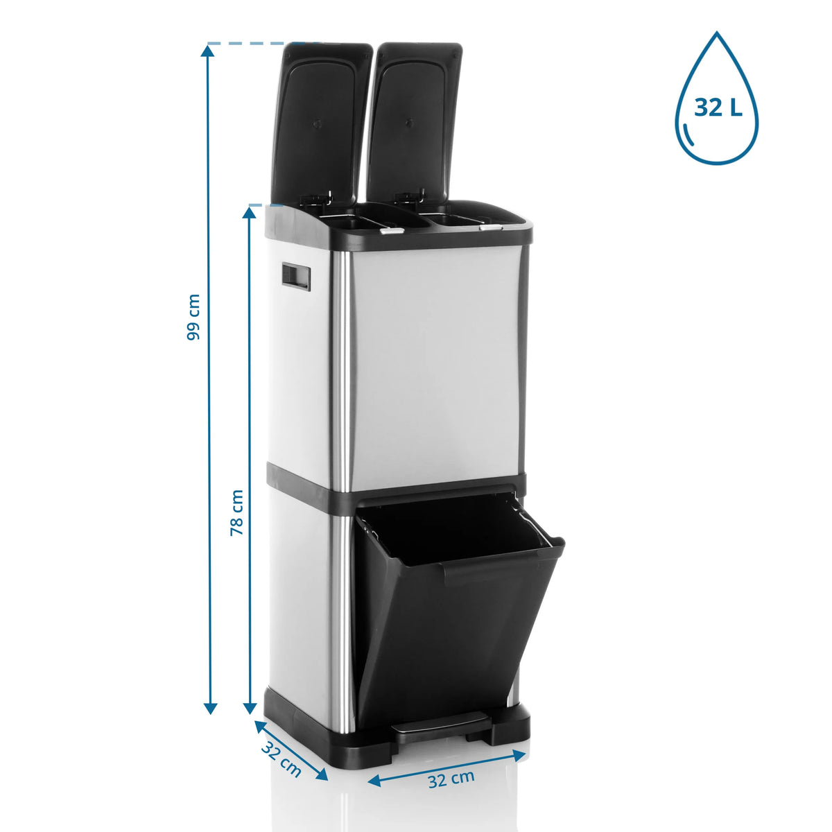 Maattekening van de prullenbak CLEAN VII met een hoogte van 99 cm en 32 L inhoud van hjh OFFICE