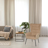 Beige gestoffeerde fauteuil HAVENIO met hoge rugleuning en zwarte metalen poten van hjh LIVING