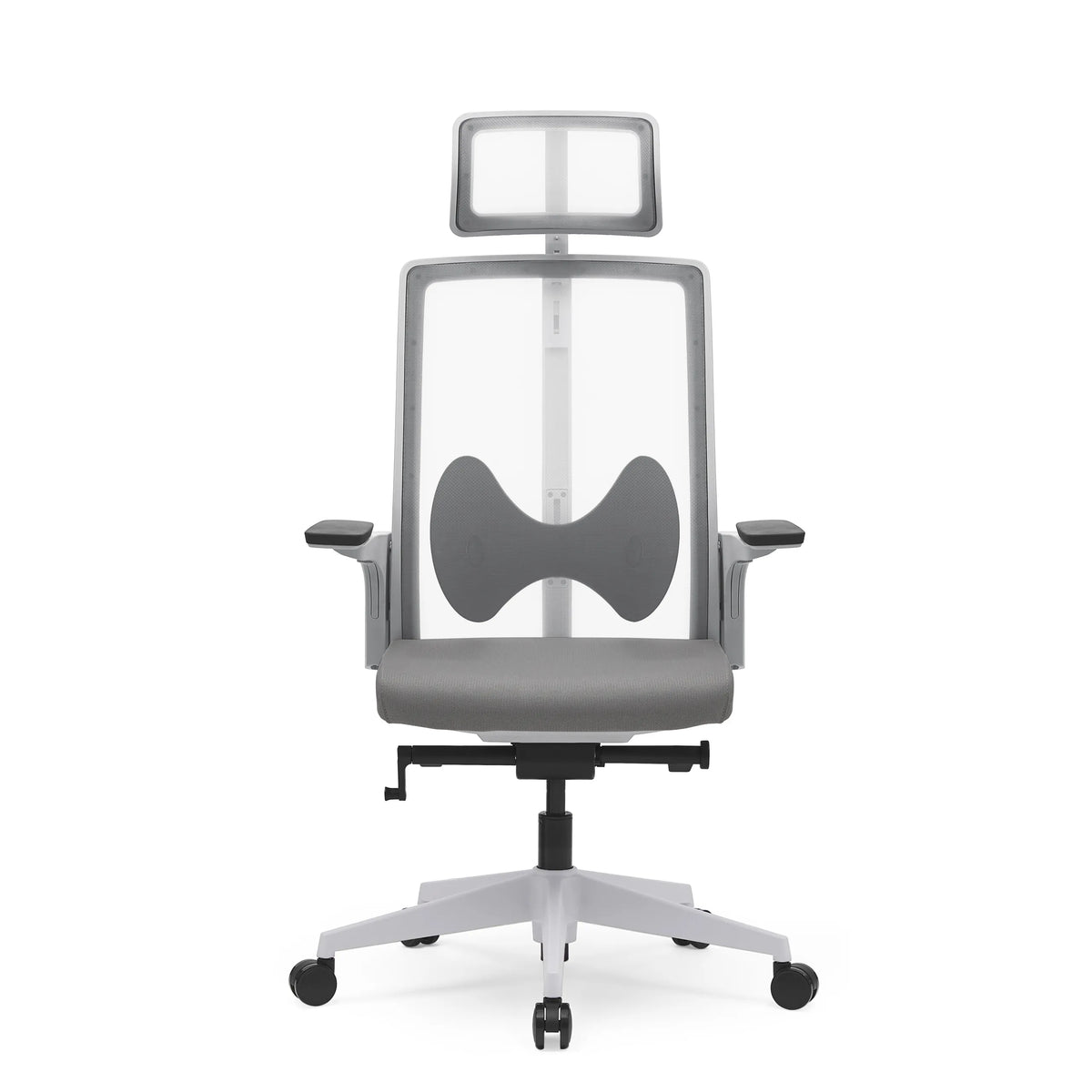 Grijze Professionele bureaustoel ARCEO W met netrug, hoofdsteun en vijfstervoet met zwenkwielen van hjh OFFICE – 360-gradenweergave (vooraanzicht 0°)