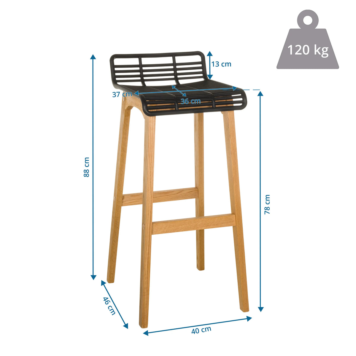 Maattekening van de Barkruk LONSO W met een hoogte van 88 cm en een draagvermogen van 120 kg van hjh OFFICE