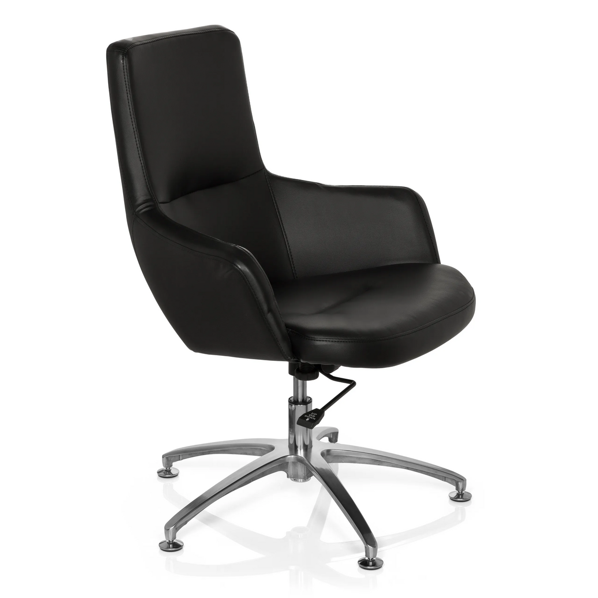 Zwarte Lounge stoel SHAKE 300 met bekleding en glanzend kruisvoet van hjh OFFICE – 360-gradenweergave (schuin vooraanzicht 60°)
