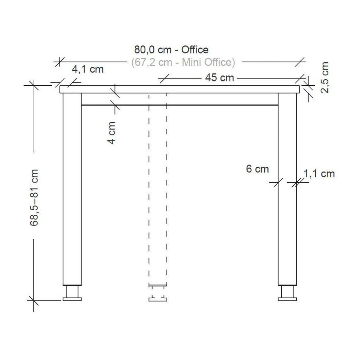 Maßzeichnung des Schreibtisches QUEO 12 S mit einer Breite von 80,0 cm und einer Höhe von 68,5–81 cm von hjh OFFICE PRO