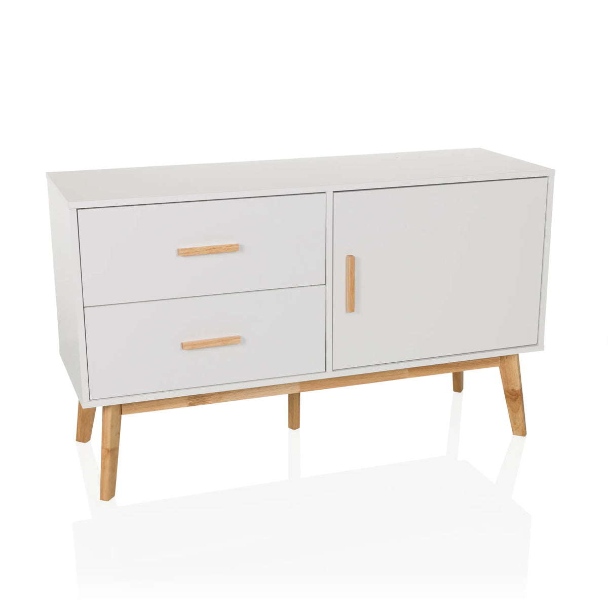 Wit Dressoir TAROLO met twee laden, een deur en houten poten van hjh LIVING – 360-gradenweergave (vooraanzicht 15°)