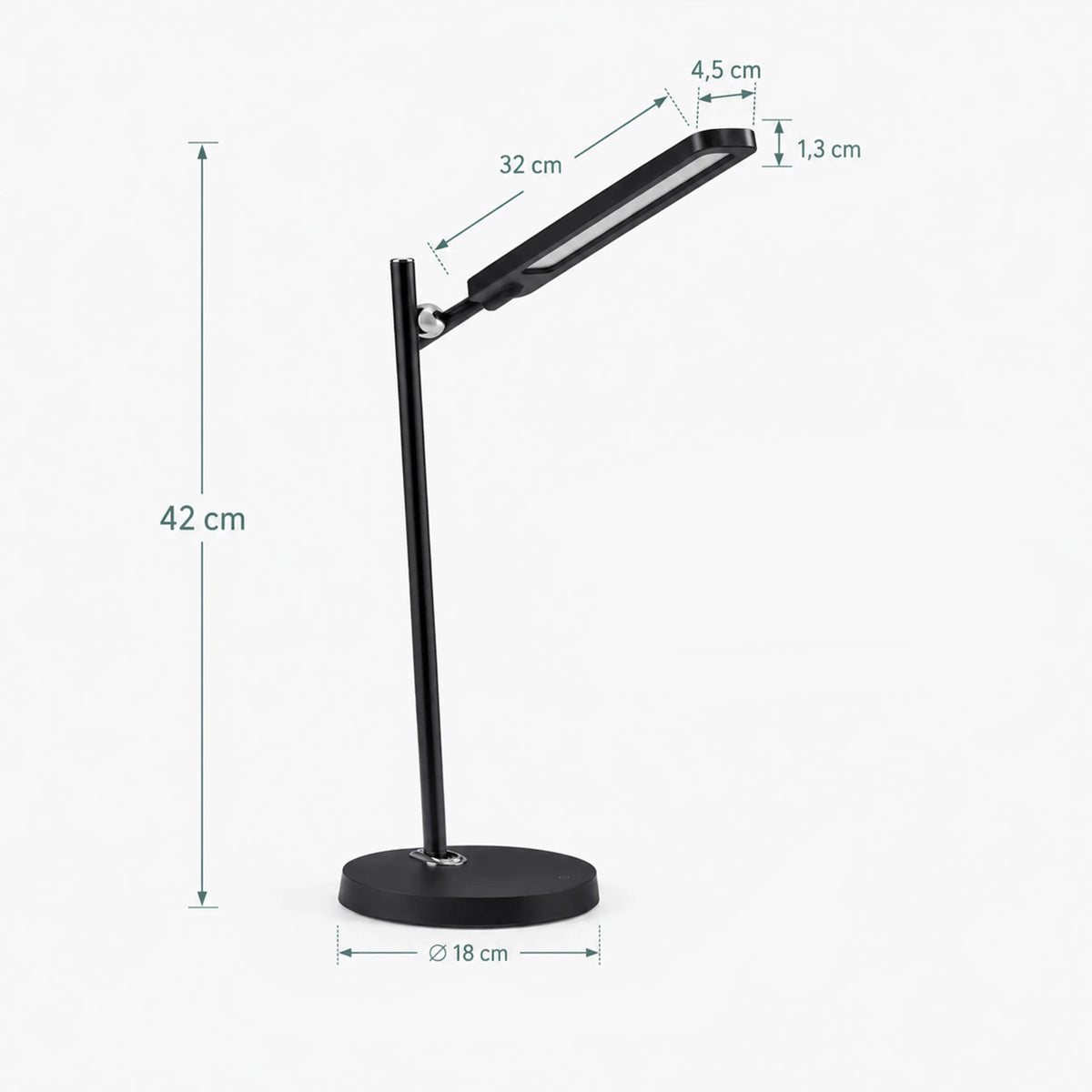 Technische tekening van de Lumanova D2 Bureaulamp met een hoogte van 42 cm en 18 cm voetdiameter van hjh OFFICE