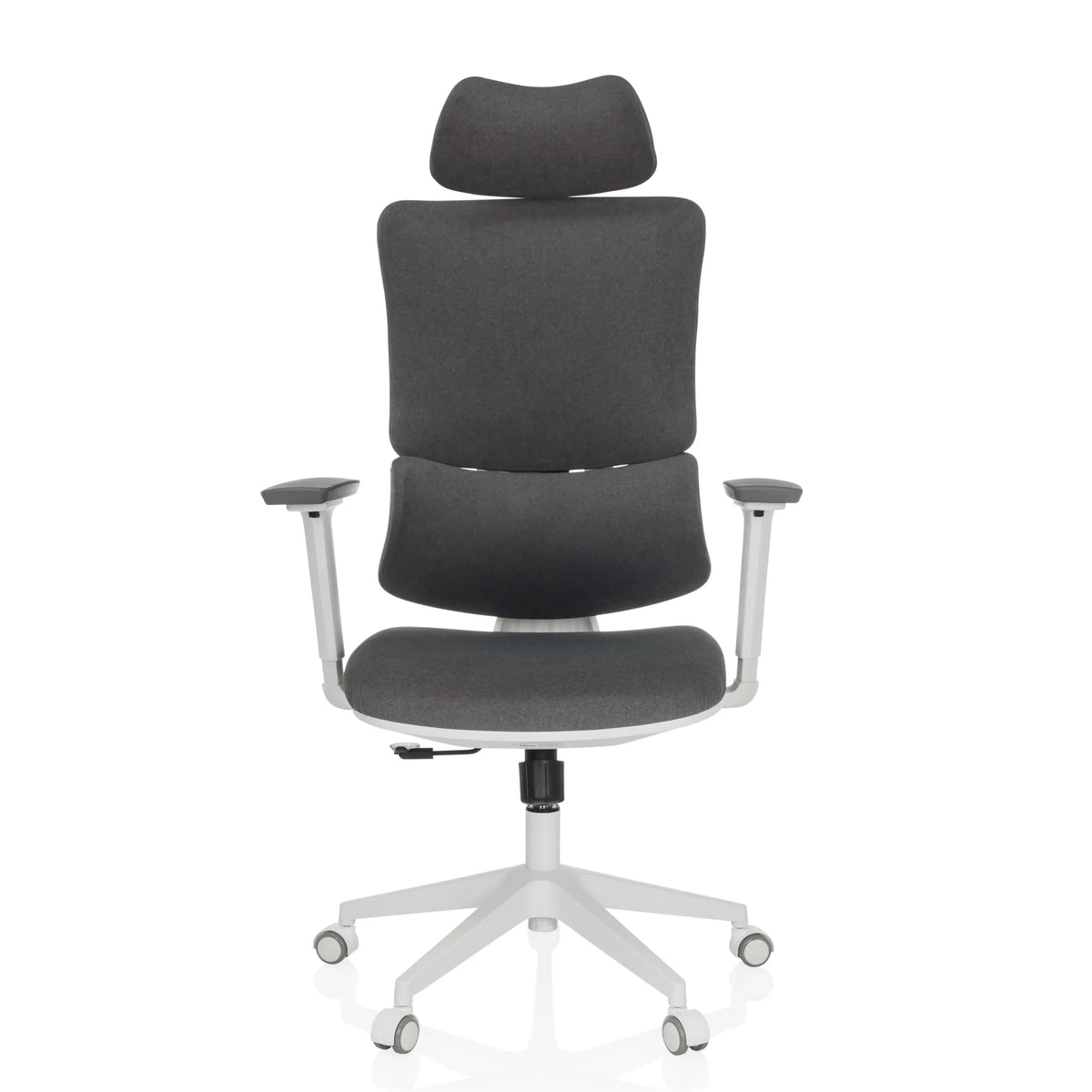 Grijze Thuisgebruik bureaustoel ERGOMY WF met stoffen bekleding, wit frame en vijfpoot met zwenkwielen van MyBuero – 360-gradenweergave (vooraanzicht 0°)