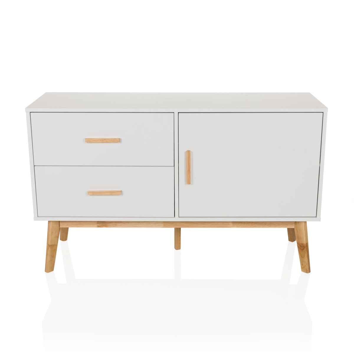 Wit Dressoir TAROLO met twee laden, een deur en houten poten van hjh LIVING – 360-gradenweergave (vooraanzicht 0°)