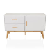 Wit Dressoir TAROLO met twee laden, een deur en houten poten van hjh LIVING – 360-gradenweergave (vooraanzicht 0°)