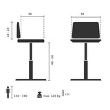 Technische tekening van de Draaikruk TOP WORK FLEX met een zithoogte van 46 tot 58 cm van hjh OFFICE