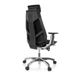 Zwarte High end bureaustoel GENIDIA PRO met stoffen bekleding en vijfpoot met wieltjes van hjh OFFICE – 360-gradenweergave (schuin achteraanzicht 140°)