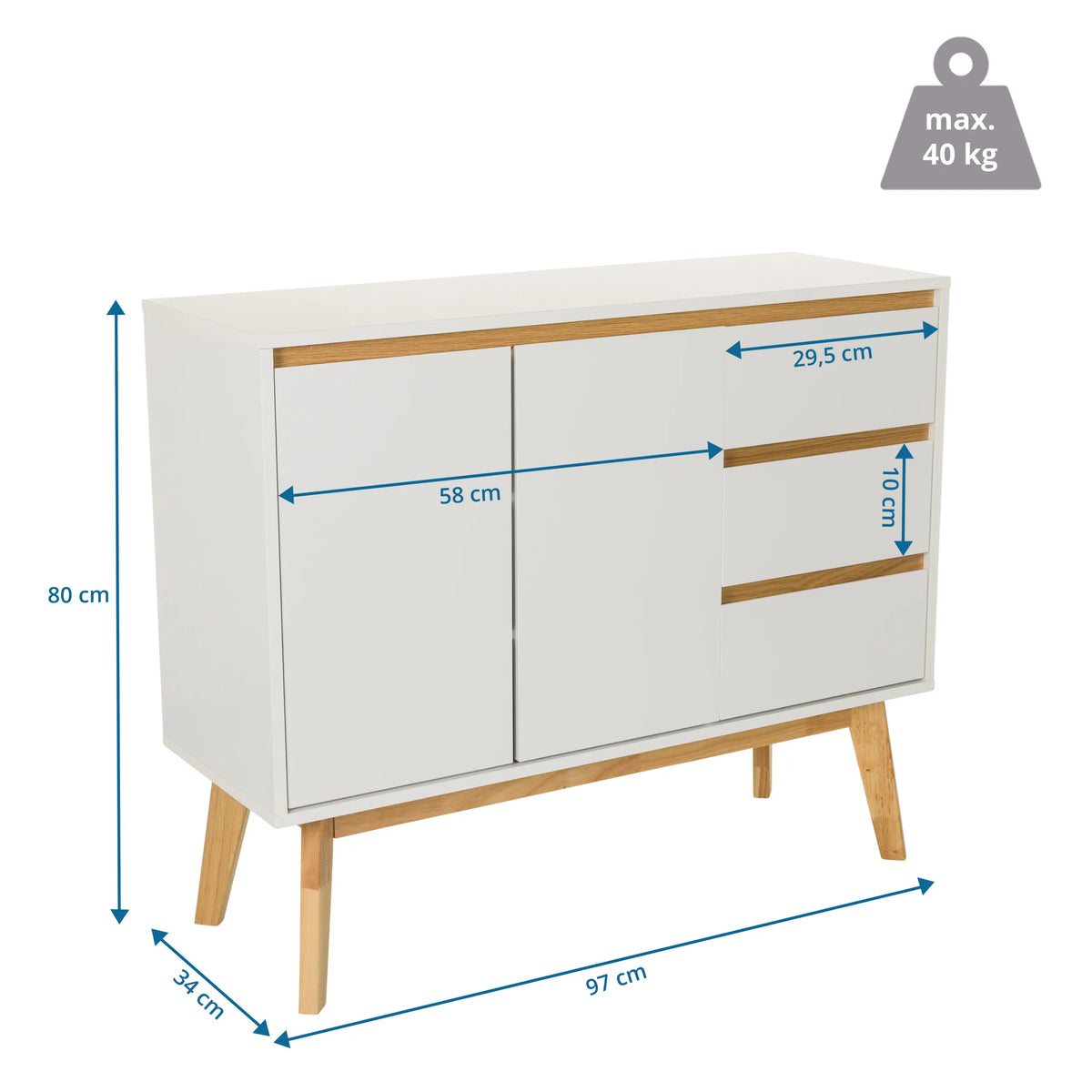 Maattekening van het Dressoir TAROLO I met een breedte van 97 cm en een hoogte van 80 cm van hjh LIVING