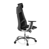 Zwarte High end bureaustoel GENIDIA PRO met stoffen bekleding en vijfpoot met wieltjes van hjh OFFICE – 360-gradenweergave (schuin achteraanzicht 120°)