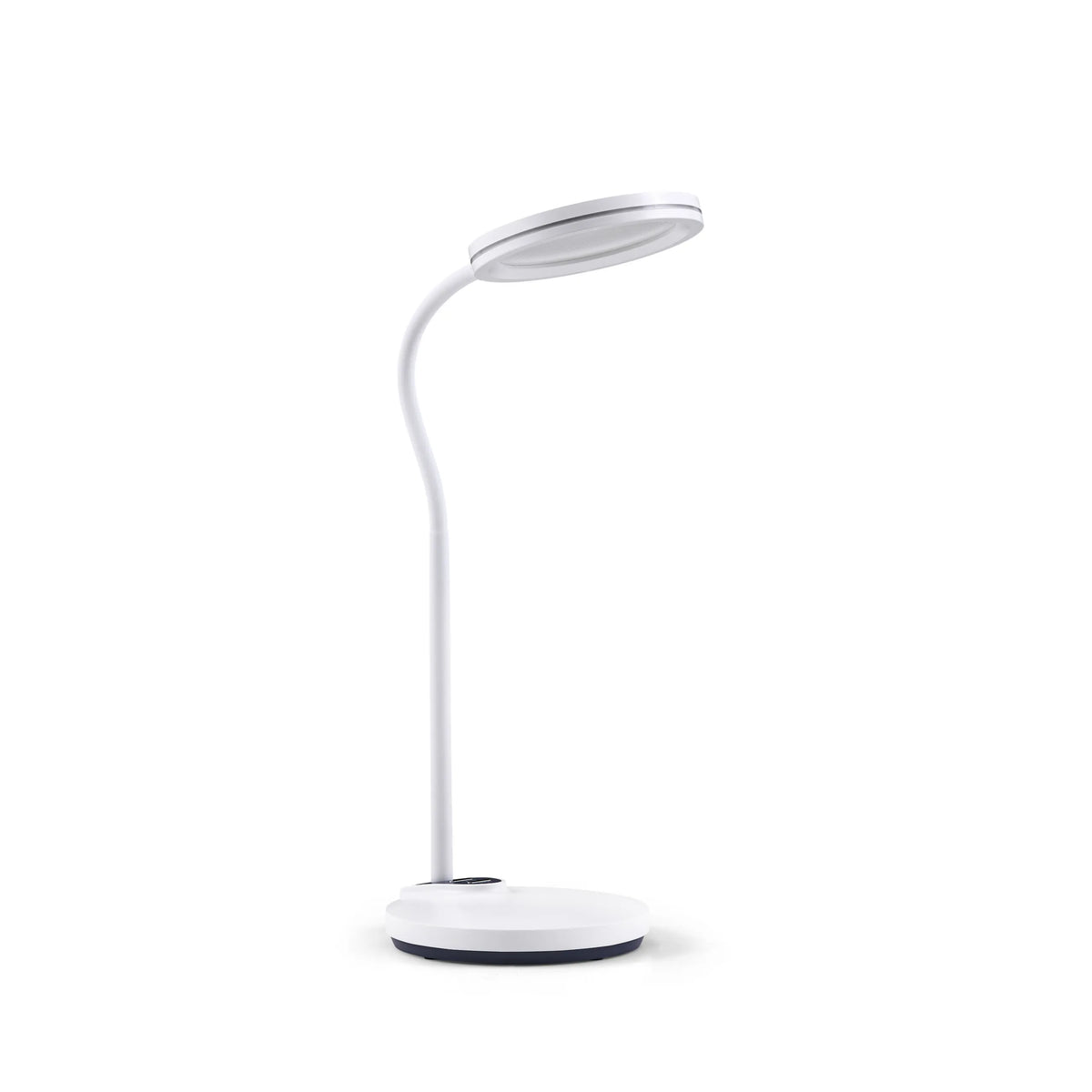 Witte Lumanova D5 bureaulamp met een ronde voet en een platte, cirkelvormige lampenkap van hjh OFFICE – 360-gradenweergave (vooraanzicht 15°)