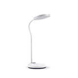 Witte Lumanova D5 bureaulamp met een ronde voet en een platte, cirkelvormige lampenkap van hjh OFFICE – 360-gradenweergave (vooraanzicht 15°)