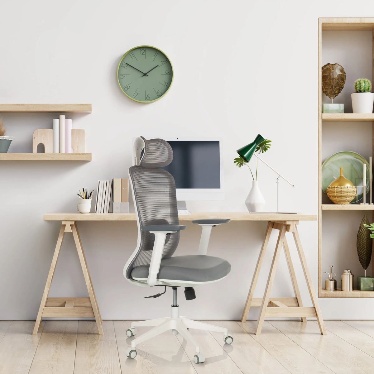 Grijze Professionele bureaustoel MIKEO G met netrugleuning en wit onderstel van hjh OFFICE